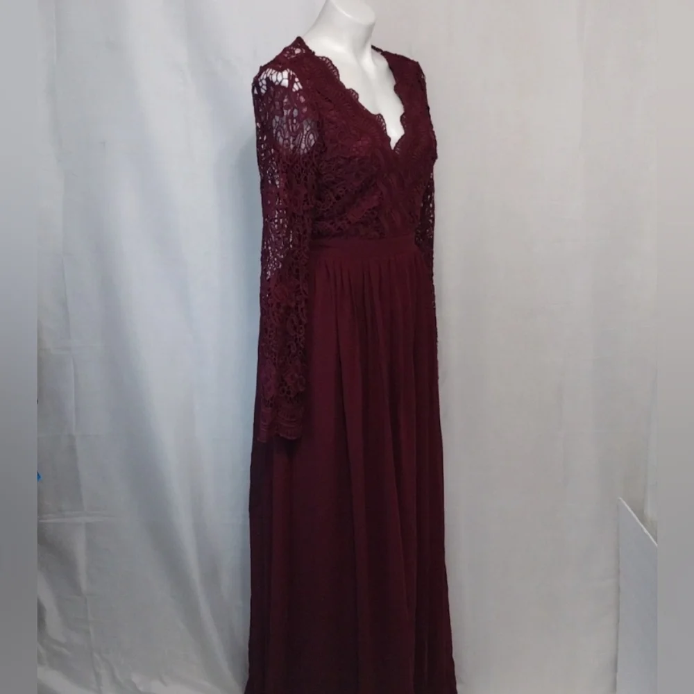 NWT Lulus Burgundy Lace Open Back Maxi Gown Romantic Formal Evening Glam Medium - Picture 10 of 14